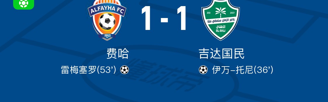 费哈1-1吉达国民，伊万-托尼先拔头筹，雷梅塞罗救主